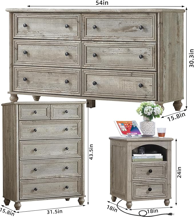 Farmhouse Dressers & Night Stand Set of 3, Wood 54" Wide 6 Drawer Dresser & 43.5"Tall Chest of Drawers, 18" with Charging Station Nightstand, Bedroom Furniture Dresser Set for Home Living Room Hallway