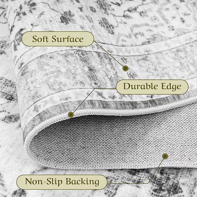 HOMFINE Machine Washable Rug 8'x10' - Vintage Design Area Rugs with Non Slip Rugs for Living Room Bedroom Floral Print Rug Carpet Stain Resistant, Home Decor Office Area Rug, Light Grey