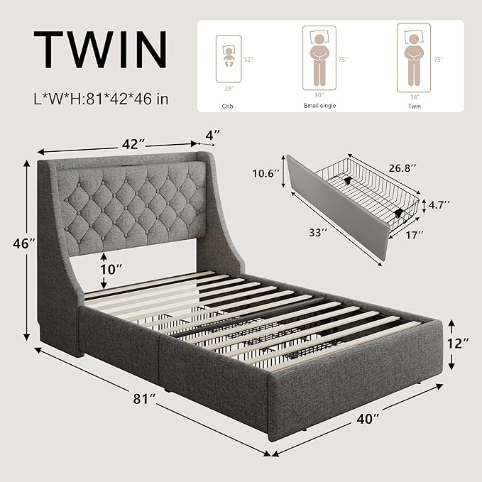 Twin Bed Frame with 4 Storage Drawers, Upholstered Bed Frame with Wingback Headboard, Charging Station, No Box Spring Needed, Easy Assembly, Light Grey