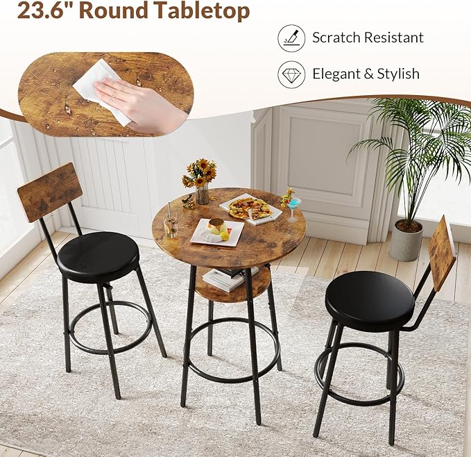 3 Pieces Round Bar Table Set, Small Dining Table for 2, Modern Kitchen Bar Table, Breakfast Table with Storage, 2 Thickened Cushion Stools with Backrest for Dining Room, Bistro-Brown