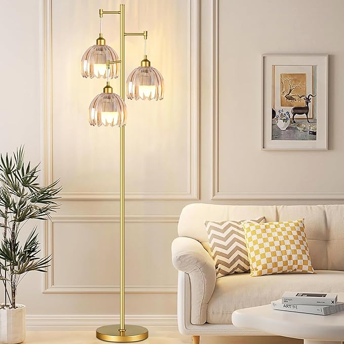 Gold Floor Lamps for Living Room Bedroom-3 Light Glass Floor Lamp with Three Led Bulb, Rustic Tall Floor Lamp Gold Standing Lamp Tree Floor Lamps for Living Room Bedroom,Office,Corner
