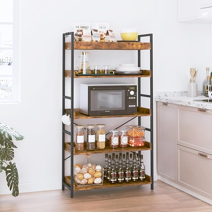 HCHQHS 5 Tier Bookshelf, Adjustable Industrial Bookcase, Vertical Tall Book Shelf, Wood and Black Metal Open Bookshelves for Home Office, Living Room, Bedroom