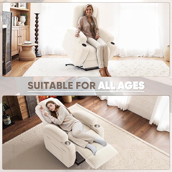 Power Lift Recliner Chair with Massage Electric Lift Chair for Elderly, Ergonomic Recliner with Cup Holders & Side Pockets, Modern Single Sofa for Living Room (Corduroy, White)