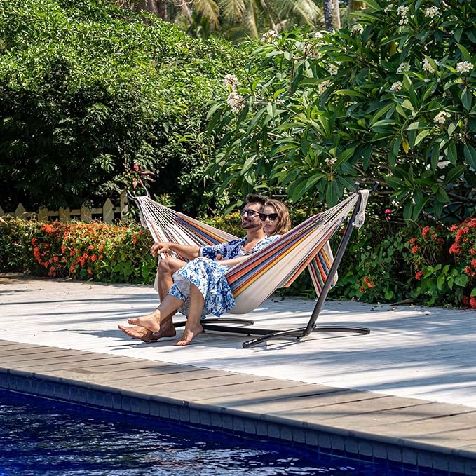 Lazy Daze Hammocks Double Hammock with 9ft Space-Saving Steel Stand Includes Portable Carrying Case, 450 Pounds Capacity (Tan Stripe)