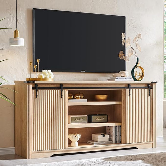 JXQTLINGMU Modern 66" TV Stand, Entertainment Center for TVs Up to 75", Media Console w/4 Drawers & Sliding Door, Wood Television Stand for Living Room, Luxury Fluted TV Stand w/Storage Shelves, Oak