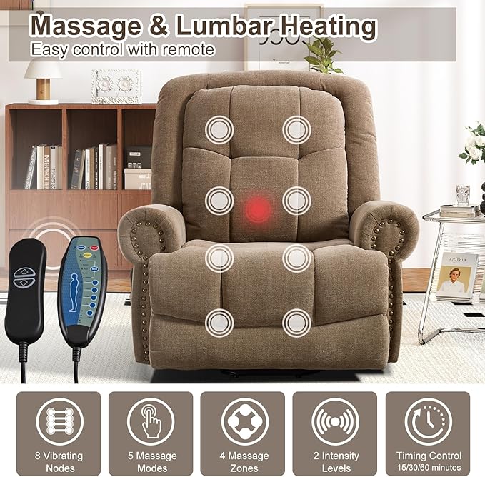 Oversize Power Lift Recliner with Massage and Heat for Adult, Reclining Chair for Living Room Bedroom, Ergonomic Electric Wider Chair with USB Port and Side Pocket(1, Brown)
