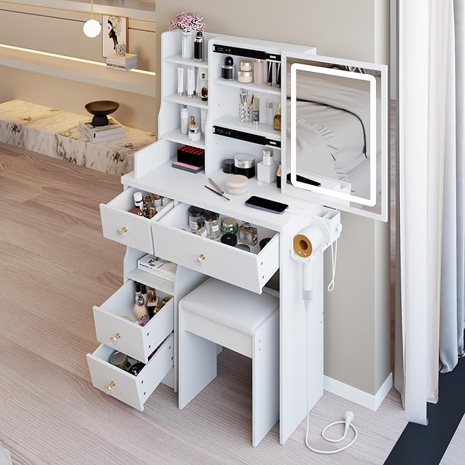 29.2" Small Vanity Desk with Mirror and Lights, Makeup Table with 2 AC+2 USB Power Station, Hair Dryer Bracket, Vanity Set with 5 Drawers and Stool for Small Space Bedroom, White