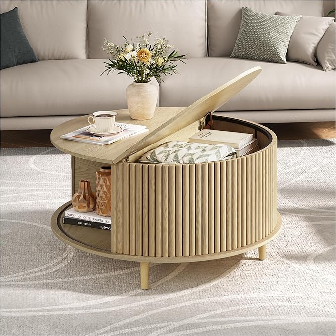 Round Coffee Table with Storage, Mid Century Modern Center Table with Sliding Cabinet Door, Fluted Dining Table for Living Room, Home Small Space, 31.5", Oak