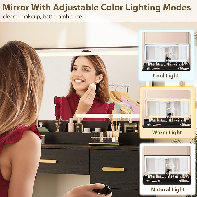 Garvee Vanity Desk with Large Mirror and Lights, 45.9In Makeup Vanity Desk, 3 Lighting Modes Adjustable Brightness, Vanity Table with Power Outlet &8 Drawers, for Powder Room and Bedroom
