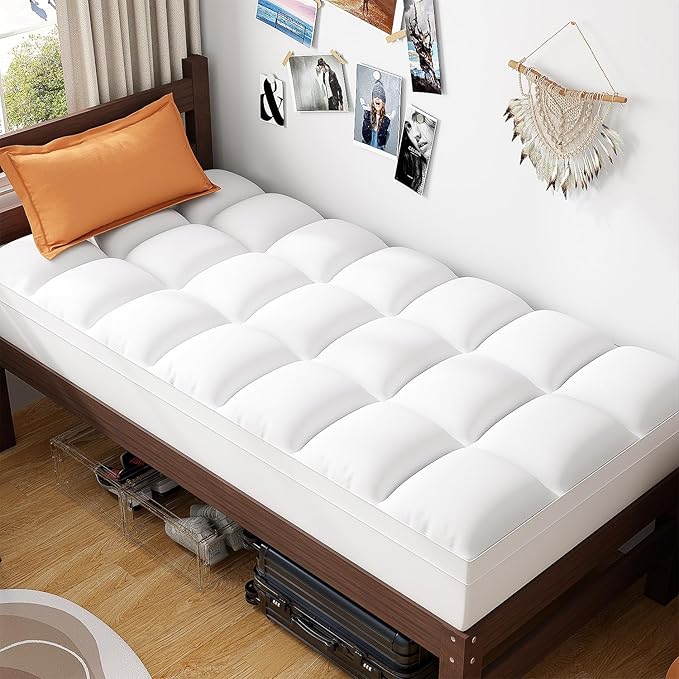 ABENE Twin XL Size Mattress Topper for College Dorm, Extra Long Mattress Pad Pillowtop, Soft Plush Mattress Cover Bed Topper with Deep Pocket, Overfilled Down Alternative Filling, White