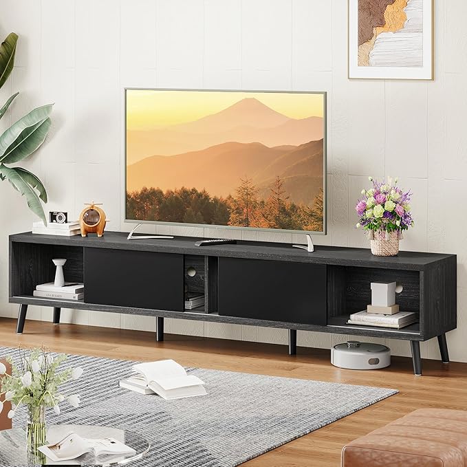 Clikuutory Mid Century Modern 70 Inch TV Stand with Two Large Storage Space for 50 55 60 65 70 75 80 Inch TVs, TV Console with Two Sliding Door, Entertainment Center for Bedroom, Grey
