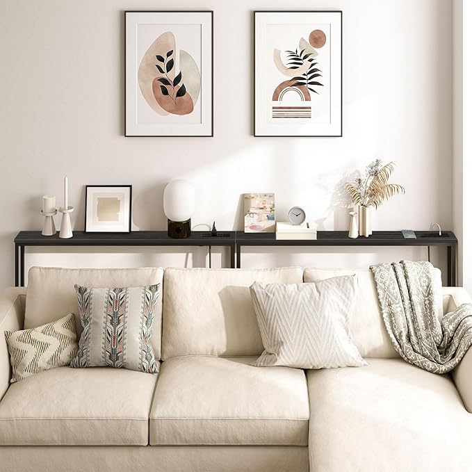 HOOBRO 47.2" Skinny Console Table with Power Outlets, 5.9" Behind Couch Table with Charging Station, Narrow Sofa Table, Long and Thin Table for Entryway, Living Room, Black BB15XG01G1