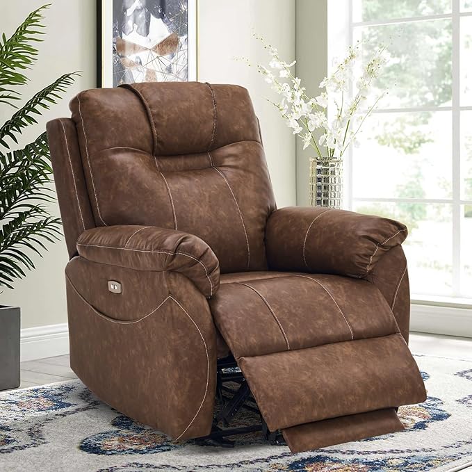 Power Recliner Chair, Wall Hugger Recliner with Massage and Heat, PU Leather Recliner Chair with 2 Side Pockets & USB Ports for Living Room