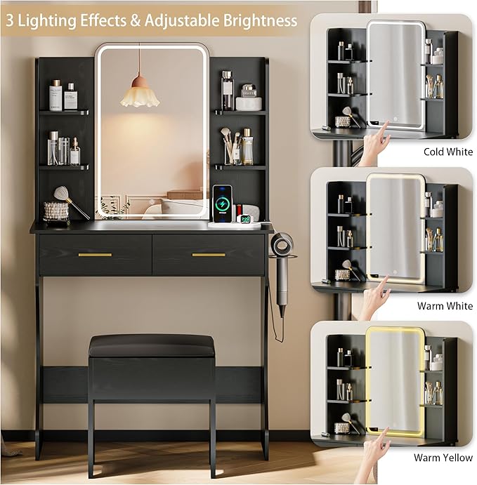 Makeup Vanity Desk with Mirror and Lights, Black Vanity with Power Outlet and LED Lights, Vanity Table with 2 Drawers and 6 Storage Shelves, Vanity Set with Chair for Bedroom