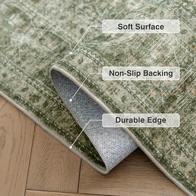 FMFUNCTEX 8x10 Washable Area Rug Green Vintage Neutral Distressed Large Non Slip Retro Carpet for Living Room Bedroom Soft Low Pile Indoor Mat Throw Rug for Dining Room Kitchen Office Nursery