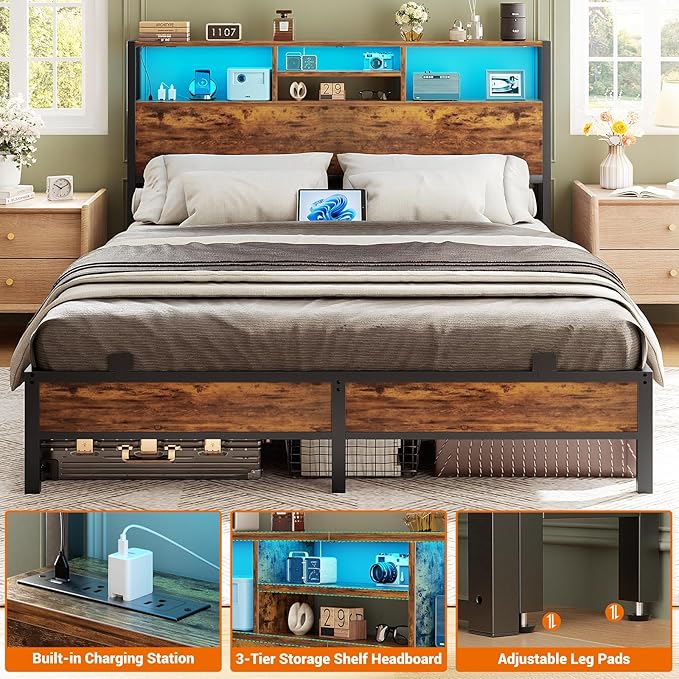 Aheaplus Headboard for Queen Size Bed with Storage, Headboards with Outlets, USB Ports and LED Light, Queen Head Board Only, Height Adjustable, Reversible, Sturdy and Stable Headboard, Rustic Brown
