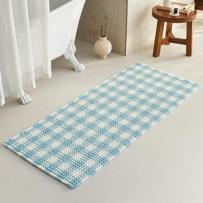 Waffle Runner Rug Bathroom, Long Boho Bathroom Rugs Non Slip Washable Absorbent Checkered Bathroom Mat Quick Dry Cute Bath Mat, 60"x24" Blue and White