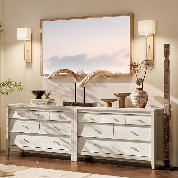 7 Drawers Dresser with Beveled Panel for Bedroom, Farmhouse Chest of Drawers, Mid Century TV Stand Closet Storage Furniture for Hallway, Living Room, Entryway, White