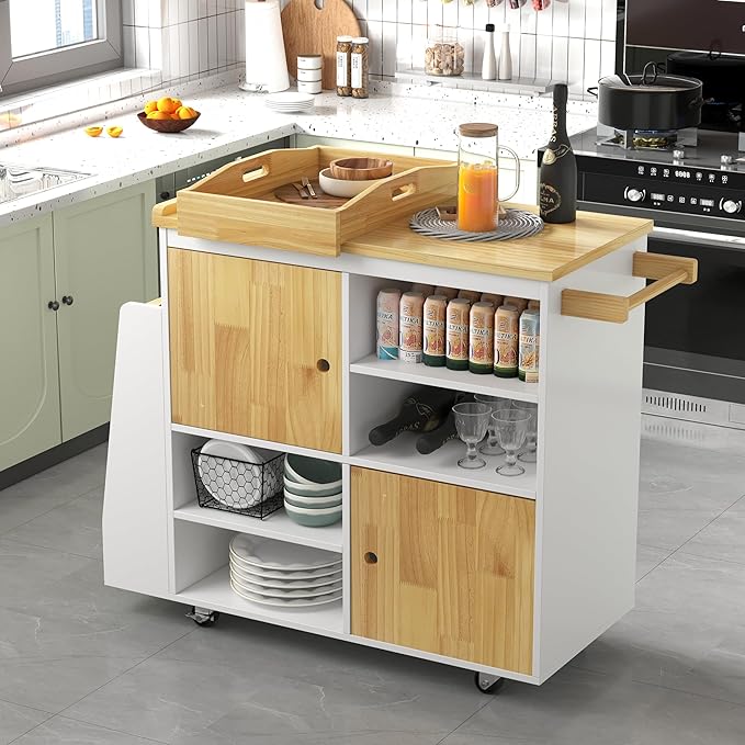 NSdirect Kitchen Island with Storage,Rolling Kitchen Island on Wheels Portable cart Rolling with Spice Racks Towel Holder Utility Trolley with Wood Tray for Home Hotel Kitchen Dinning Room,White