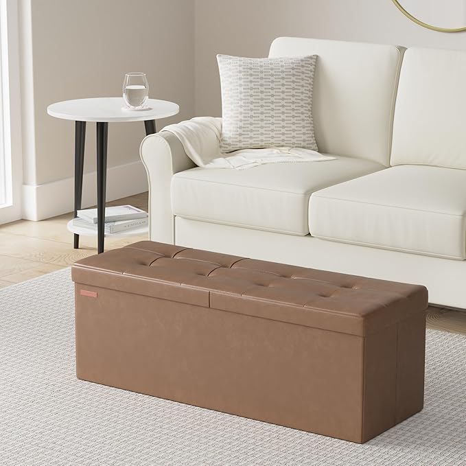 SONGMICS MAZIE Collection - 43 Inches Storage Ottoman Bench with Flipping Lid, Storage Chest with Iron Frame Support, Load 660 lb, for Living Room, Bedroom, Synthetic Leather, Coffee Brown ULSF075K01