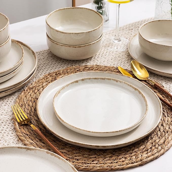 AmorArc Ceramic Dinnerware Sets, Wavy Rim Stoneware Plates and Bowls Sets, Highly Scratch Resistant | Dishwasher & Microwave Dishes set, Service for 8 (24pc)-Speckled Cappuccino