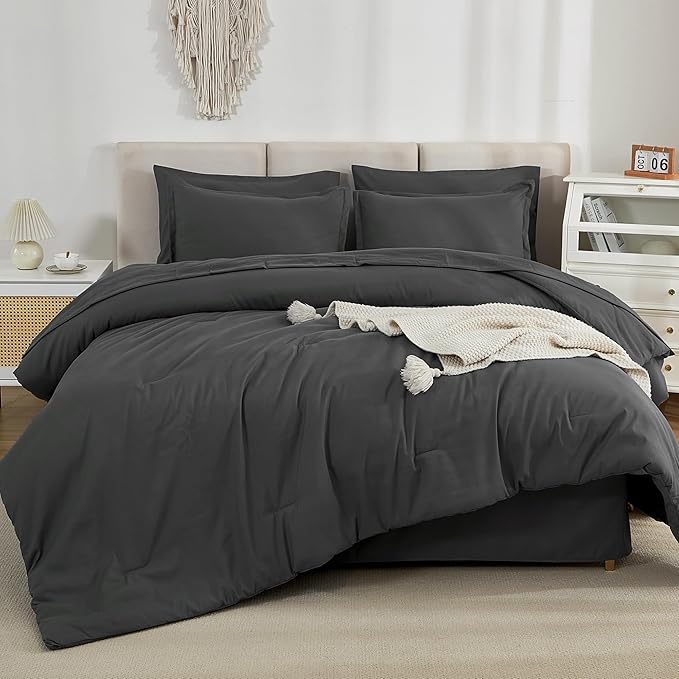 Litanika Twin/Twin XL Size Comforter Sets Grey Dark Grey - 5 Pieces Bed in a Bag Twin/Twin XL Bedding Comforter Sets, Solid Lightweight Bed Set with Comforter, Sheets, Pillowcase & Sham