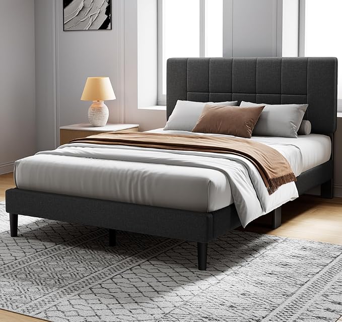 Pipishell Twin Bed Frames with 12 Thickened Legs&Fabric Upholstered Headboard,1300 Lbs Strong Weight Capacity, Adjustable Headboard, No Box Spring Needed, Easy Assembly, Underbed Storage（Solid Wooden）