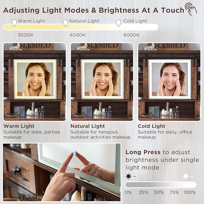 T4TREAM Farmhouse Makeup Vanity Desk with Sliding Mirror and Lights, 42'' Glass Tabletop Vanity Table with 2 Drawers & Shelves, Rustic Large Vanity Set for Bedroom, Reclaimed Barnwood