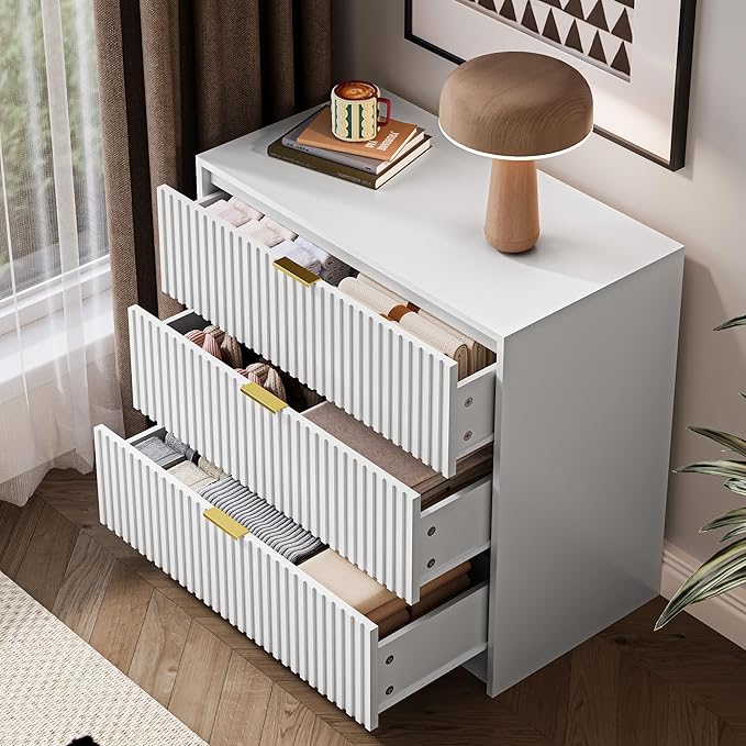 White Fluted Dresser for Bedroom, 32 Inch Wide Nightstand with Large Drawer, 3 Drawer End Table for Bedroom, Living Rooms, Offices, and Entryways