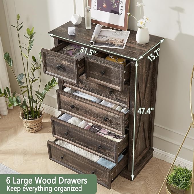 Farmhouse 6 Drawers Dresser Chests for Bedroom,Tall Chest of Drawers, Wood Dressers Organizer for Closet, Modern Storage Organizer Cabinet for Bedroom,Living Room,Hallway & Entryway,Dark Rustic Oak