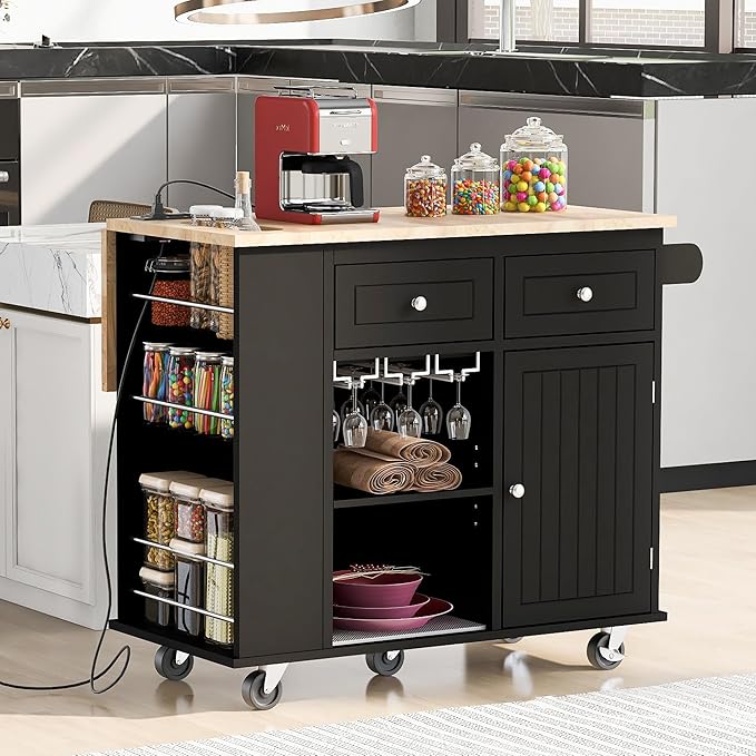 Rolling Mobile Kitchen Island Cart Cabinet with Door, Open Storage Shelves, 2 Drawers and Wine Rack for Dining Room