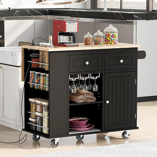 Rolling Mobile Kitchen Island Cart Cabinet with Door, Open Storage Shelves, 2 Drawers and Wine Rack for Dining Room
