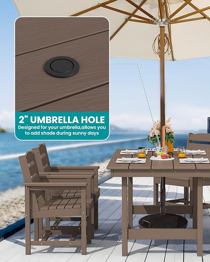 SERWALL 8-Piece Patio Dining Sets with 15FT Double Side Patio Umbrella, Outdoor HDPE Dining Furniture Set with Umbrella Hole Cut-Out Table and 6 Chairs, Coffee（Umbreall Base not Included）