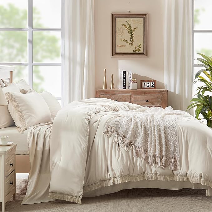 Andency Beige Comforter Set King Size with Sheets -7 Pieces Boho Tassel Bed in a Bag Soft Lightweight Bedding Sets, All Season Fringe Bed Set with Comforter, Sheets, Pillowcases & Shams