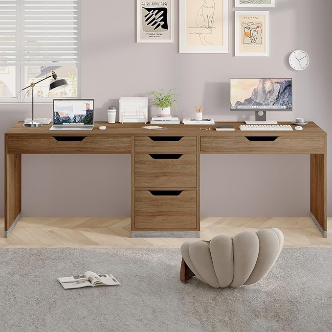 Two Person Desk with 5 Drawers, Double Desk with Storage for 2 People, 78 Inch Extra Long Computer Desk Workstation with File Drawer for Home Office, Brown