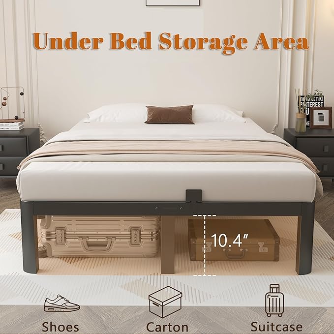 12 Inch Black Full Size Bed Frame with Baffles, Metal Full Bed Frame No Box Spring Need, Heavy Duty Steel Platform Support, Reserved Holes, Round Corner Legs, Storage Space, Noiseless