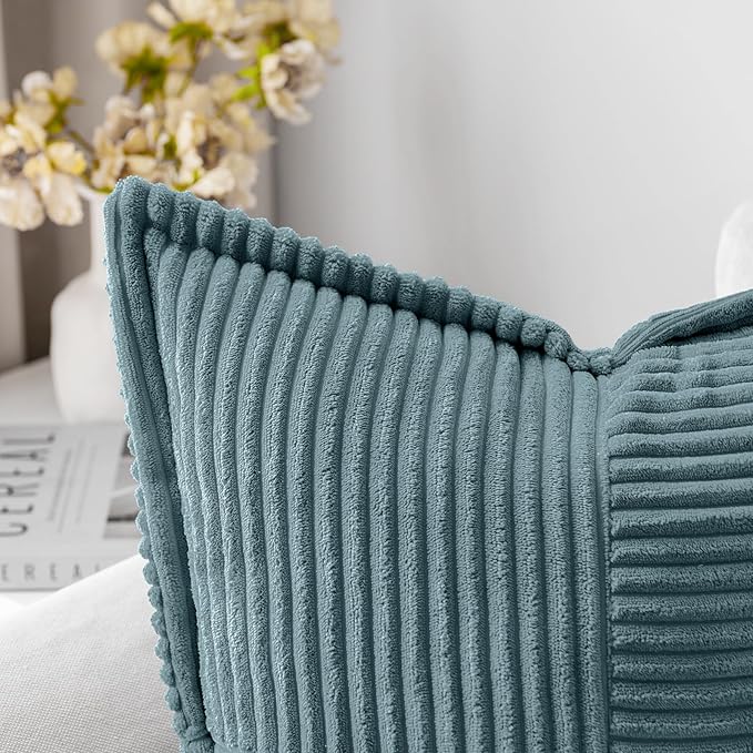 MIULEE Decorative Lumbar Throw Pillow Covers for Couch Bed Livingroom 12x20 Inch Set of 2 Dusty Blue Boho Accent Throw Pllows Broadside Striped Patchwork Soft Corduroy Pillowcases