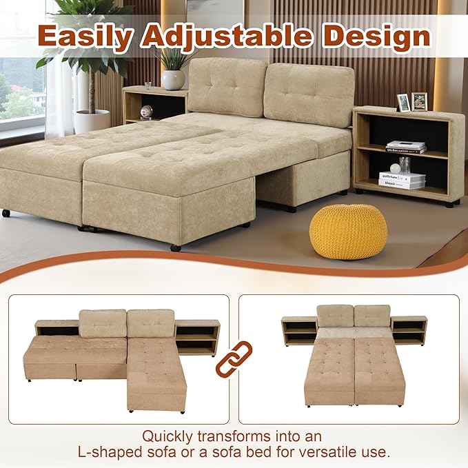 121.2" Sectional Couch, Versatile Sofa Bed Modular Sofa with Two Storage Racks, Sectional Couches for Living Room and Office, Brown