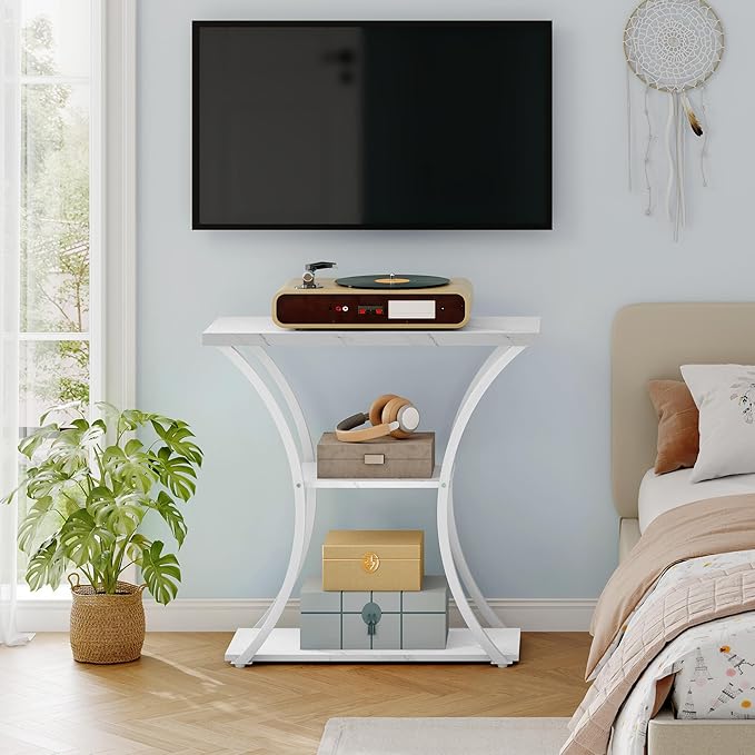 Hoctieon 3 Tier Console Table with Open Wood Shelves, Decorative Entryway Table with Curved Metal Frames, Narrow Sofa Table for Entrance, Living Room, Hallway, White Marbled