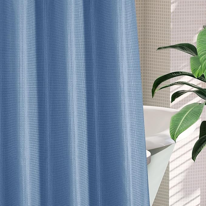 MitoVilla No Hooks Needed Extra Long Shower Curtain Set with Snap-in Liner, Blue 86 inch XL Heavyweight Waffle Fabric Cloth Shower Curtains for Modern Luxury Hotel & Spa Bathroom Decor, Moonlight Blue