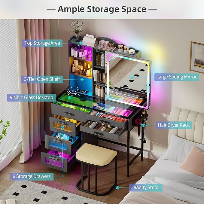 RGB Vanity Desk with Sliding Mirror and Lights,Makeup Vanity with Charging Station,LED Vanity Table with Glass Top,Girls Vanities Dressing Table Set with Stool&6 Drawers for Bedroom(Grey)