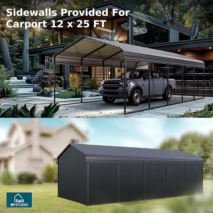 MFSTUDIO Carport 12x25 ft, Outdoor Heavy Duty Carports with Sidewalls, Metal Shed Canopy Shelters Garage Shelter Shade Car Ports with Galvanized Roof for Cars, Truck and Boats ﻿