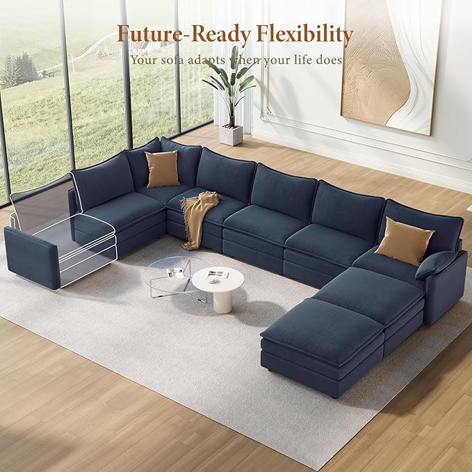 Vesgantti Large Modular Sectional Sofa, Big Comfy Cloud Couch with Ottoman Deep Seat Chenille Cloud Sofa, 8 Seater Large Sectional Couches for Living Room, Bedroom and Apartment, Blue