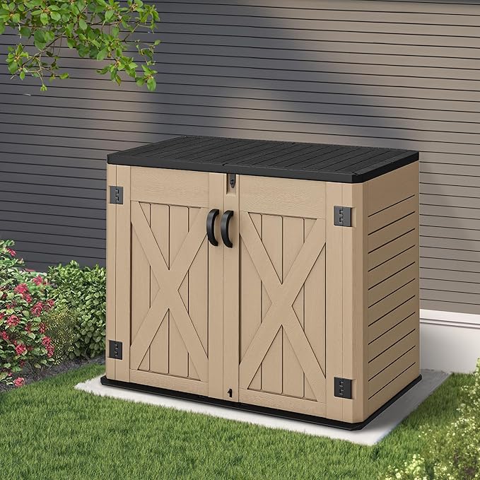 YITAHOME Outdoor Horizontal Storage Shed with X-Shaped Lockable Door, 35 Cu Ft Weatherproof Resin Tool Shed w/o Shelf, Ideal for Bike, Trash Cans, Garden Tools, Lawn Mowers, Brown