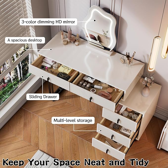 Vanity Desk with Mirror and Lights| Small Makeup Vanity Set with Adjustable Cabinet & 5 Drawers Storage| Modern Dressing Table for Small Spaces & Bedroom(White and Black)
