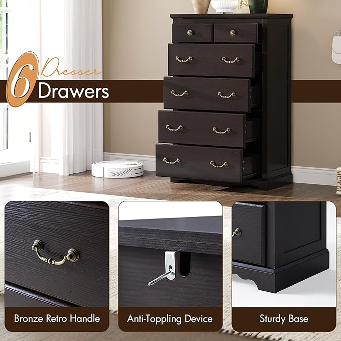 Farmhouse 6 Chest of Drawers for Bedroom, 48" Tall Wood Dresser with Bronze Retro Handles & 3D Drawer Fronts, Rustic Closet Dresser for Bedroom, Hallway, Espresso