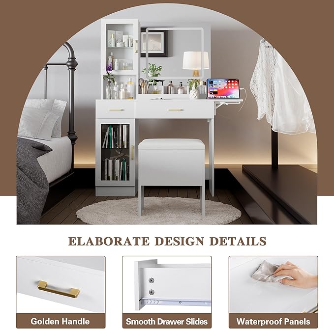 KAMABOKO Modern Vanity Desk with Mirror and Lights, Makeup Table with with 2 Drawers & 2 Display Cabinets & Charging Station, Dressing Set for Bedroom