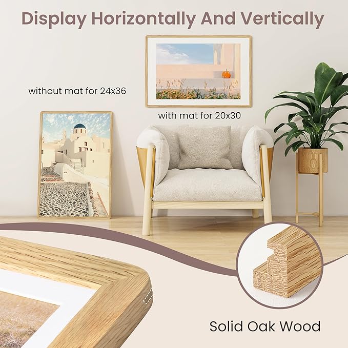 24x36 Poster Frame - Solid Oak Wood 24 x 36 Picture Frame, 24''x36'' Frame With Mat For 20x30, Tempered Glass and Hanging Hardware Included, Minimalist 36 By 24 Photo Frame Wood, Natural Oak