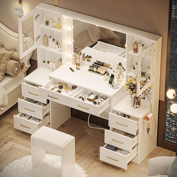White Vanity Desk with Mirror, Lights & Charging Station, 58.3" 3 Lighting Modes Makeup Desk with 8 Drawers, 2 Cabinets and Lots Storage, Dressing Table Vanity Set with Lighted Mirror