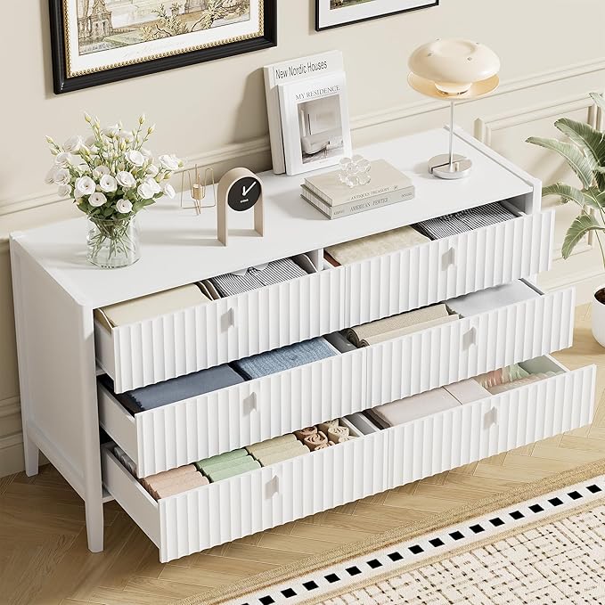 White 6 Drawer Dresser, 55" Wide White Modern Dresser with Fluted Front & Metal Handles for Bedroom or Living Room TV Stand